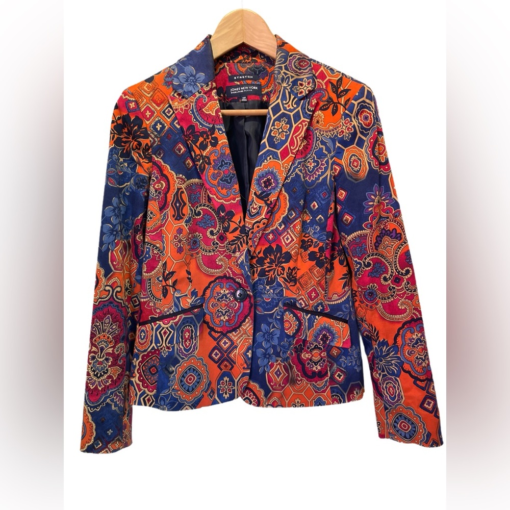 Jones New York Orange and Blue Paisley Blazer, women’s size 10P